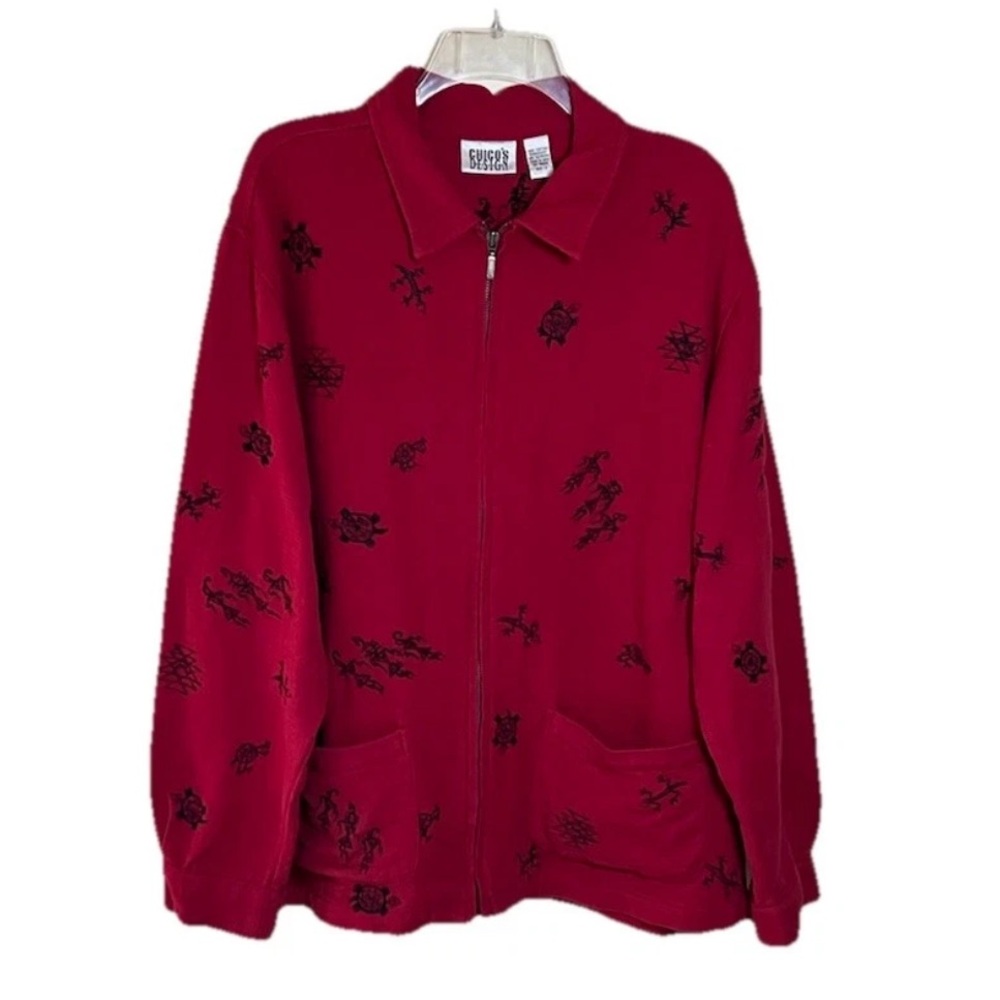 Chico’s Size 2 Women’s Size Large Red Zip Up Embroidered Tribal Aztec Figures